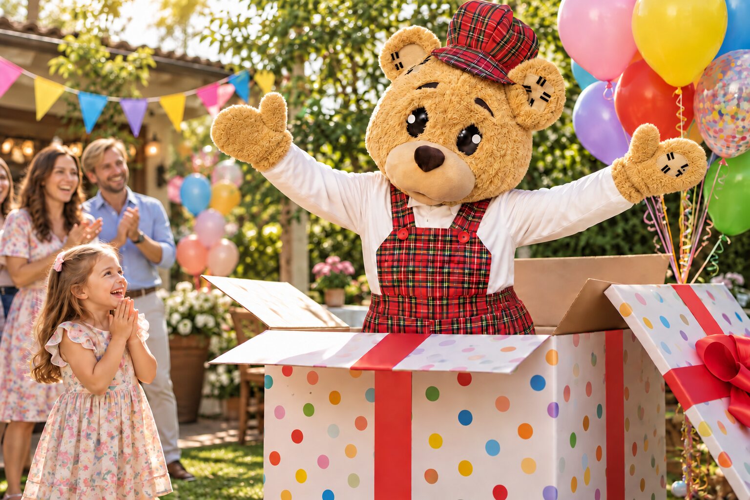 Grischa springt aus einer großen Geschenkbox und überrascht ein Geburtstagskind mit Luftballons