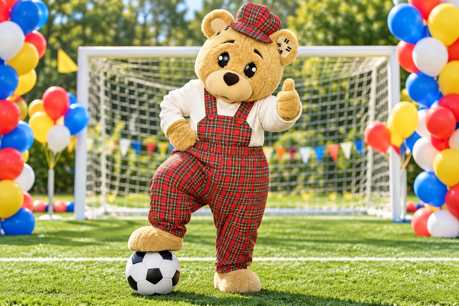 Grischa auf dem Fußballplatz mit einem Fuß auf dem Ball, Daumen hoch und Ballon-Fotozone