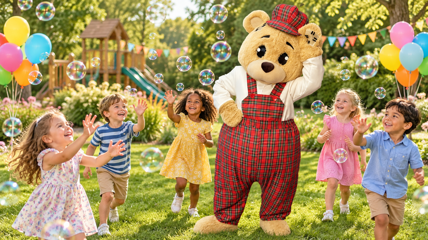 Grischa Bär mit Kindern, Luftballons und Seifenblasen auf einer grünen Wiese