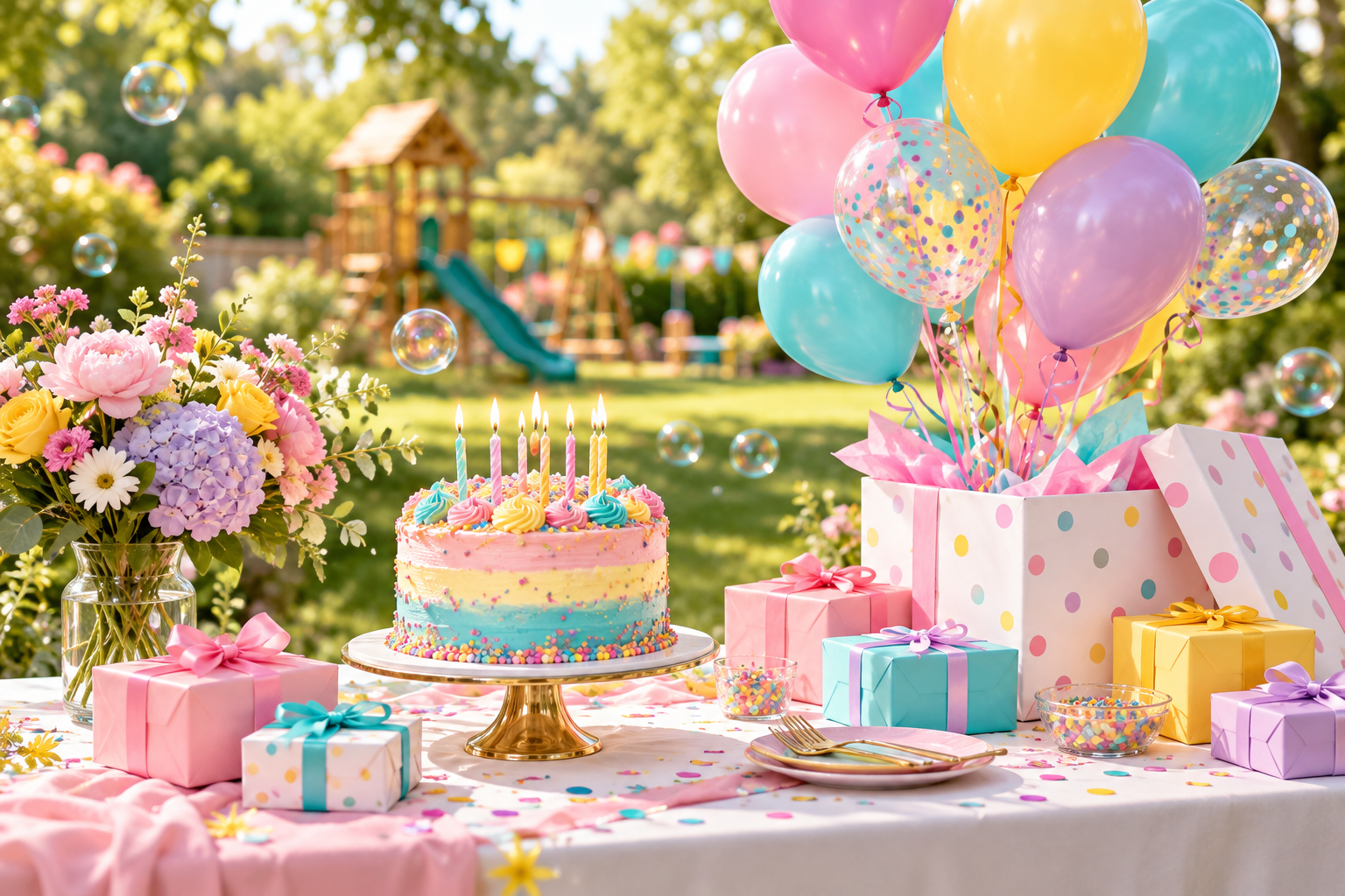 Geburtstagstorte, Blumen, Luftballons und Geschenkbox im Garten