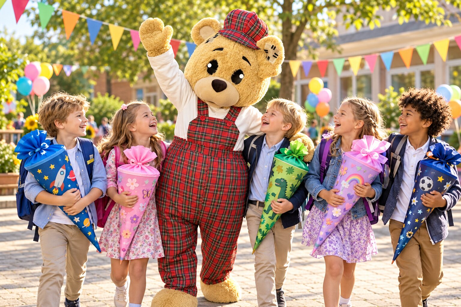 Grischa feiert den ersten Schultag mit Schulkindern und Schultüten